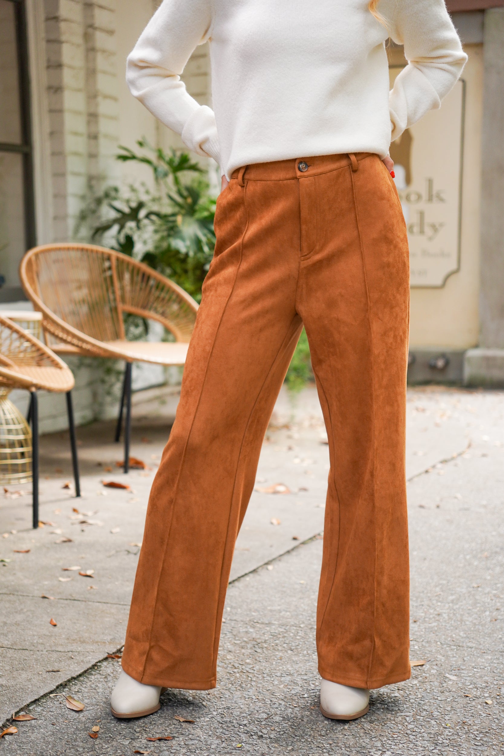 Camel colored vegan suede straight leg pants with pintuck detail, belt loops, side pockets