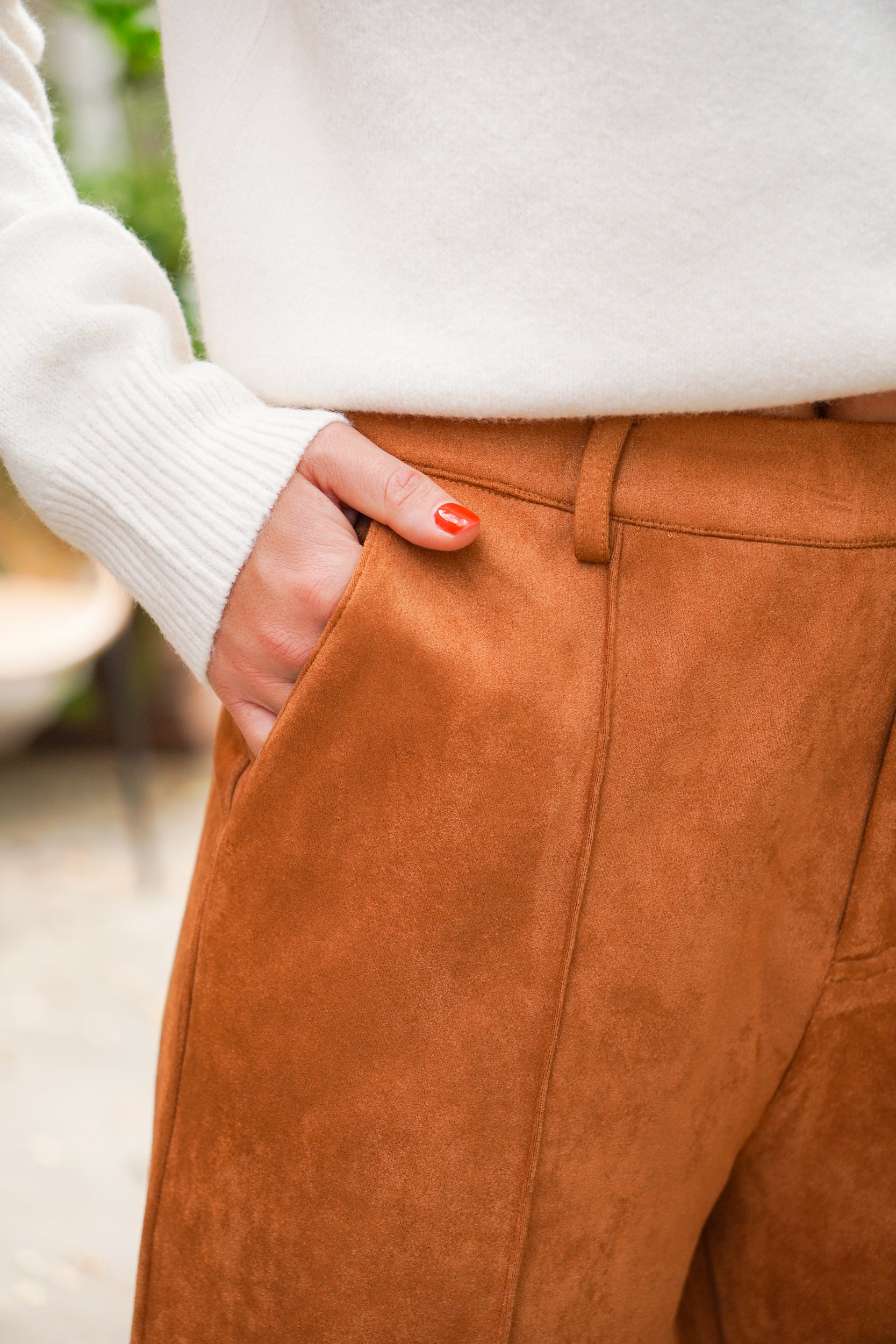 Camel colored vegan suede straight leg pants with pintuck detail, belt loops, side pockets