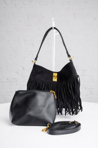 Fringe Bucket Bag in Black
