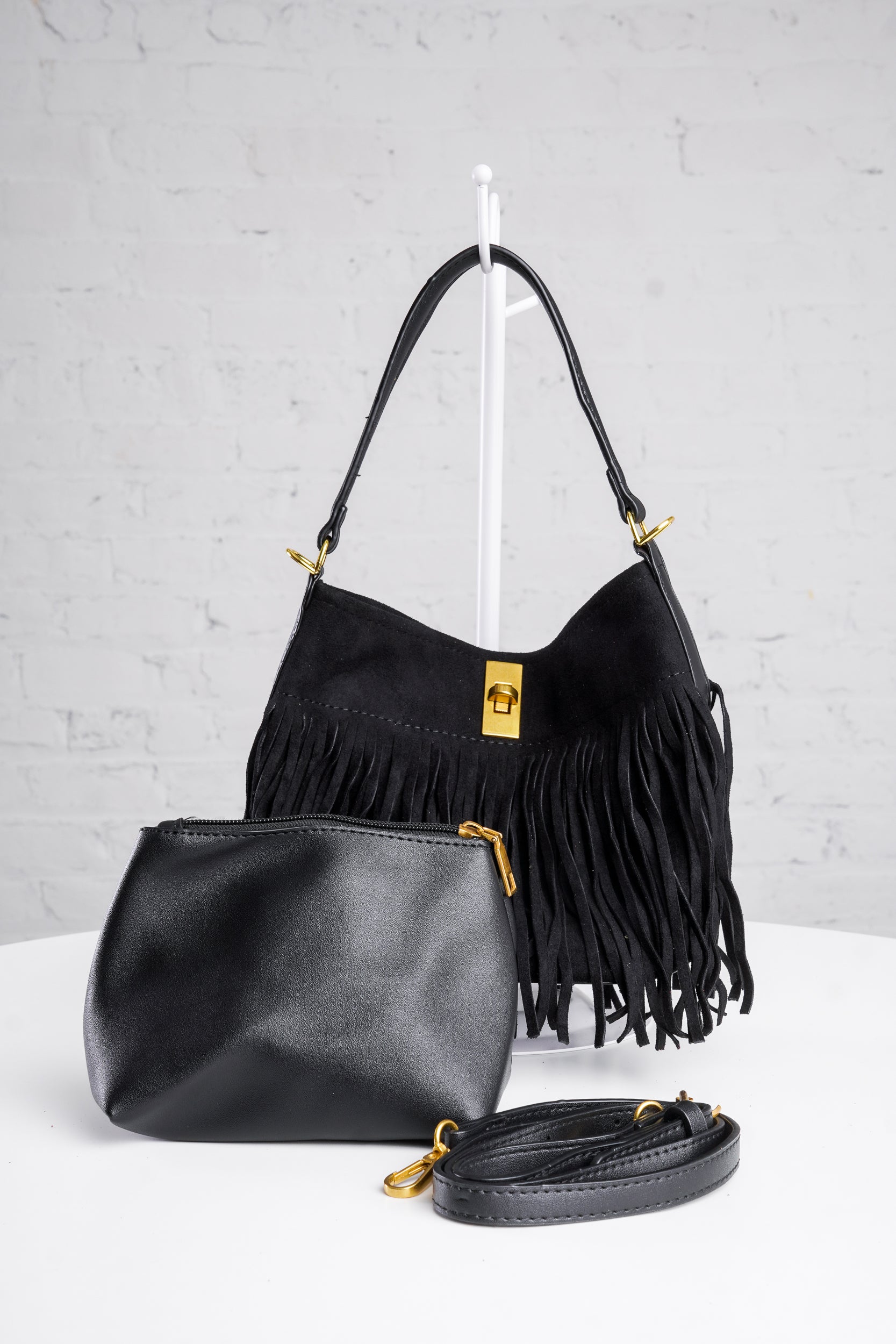 Fringe Bucket Bag in Black