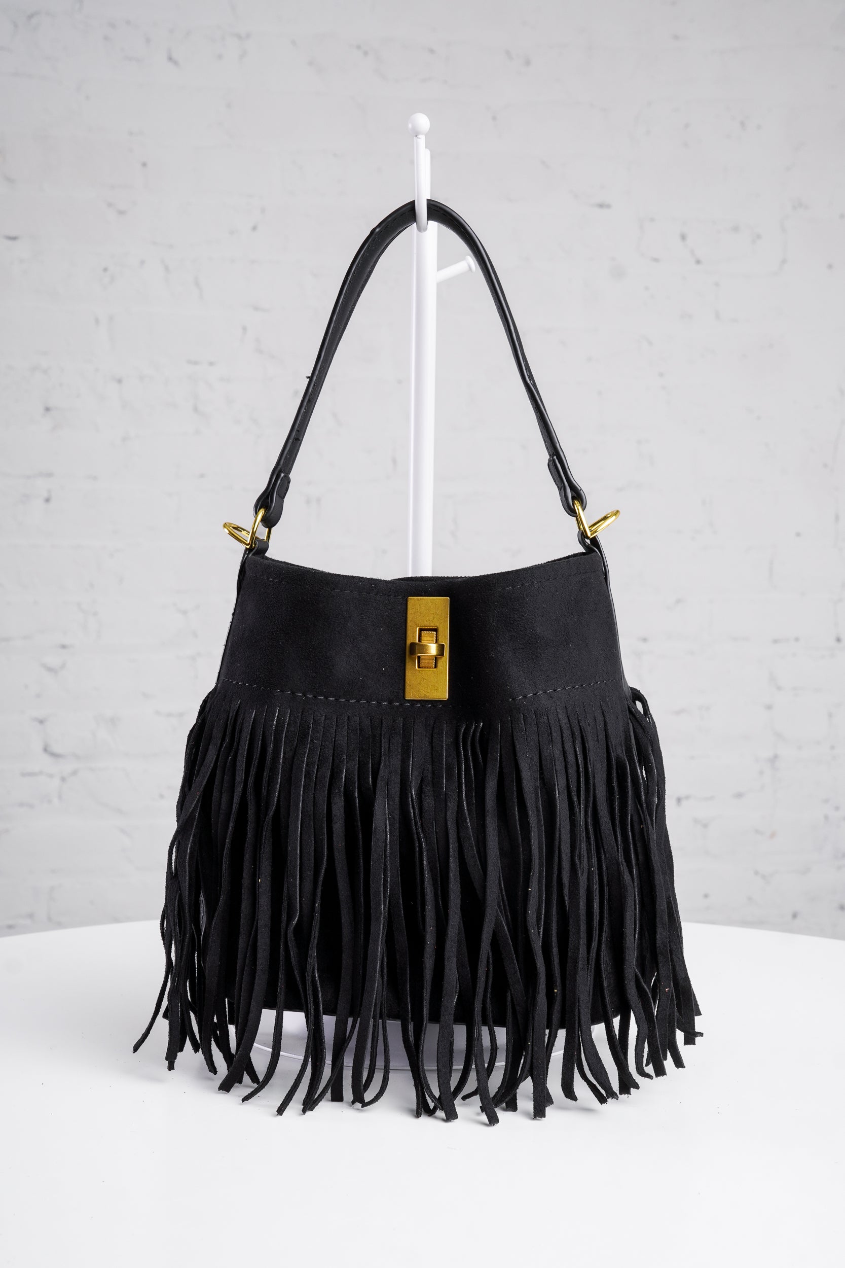 Fringe Bucket Bag in Black