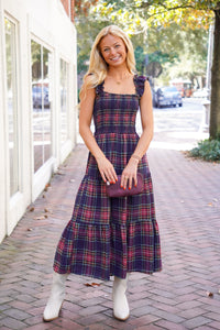 plaid midi dress with smocking at bust
