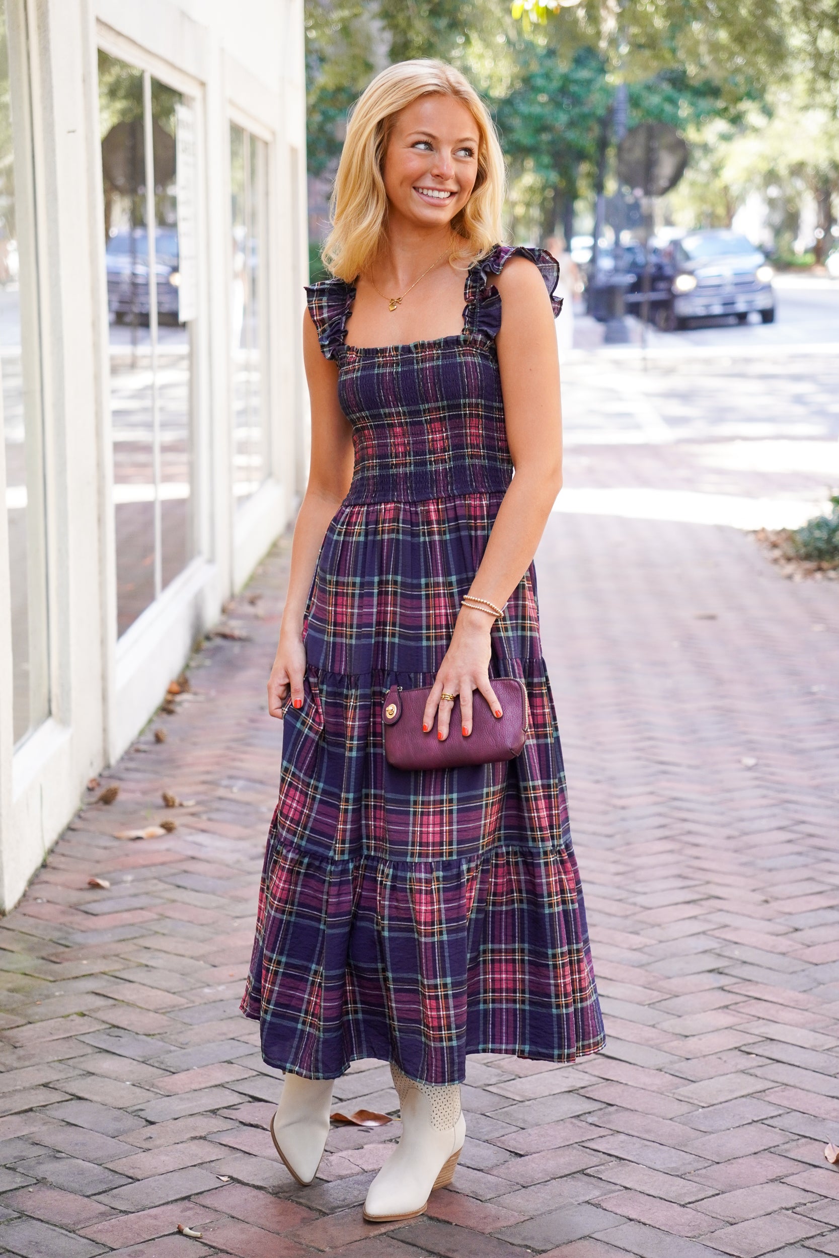 plaid midi dress with smocking at bust