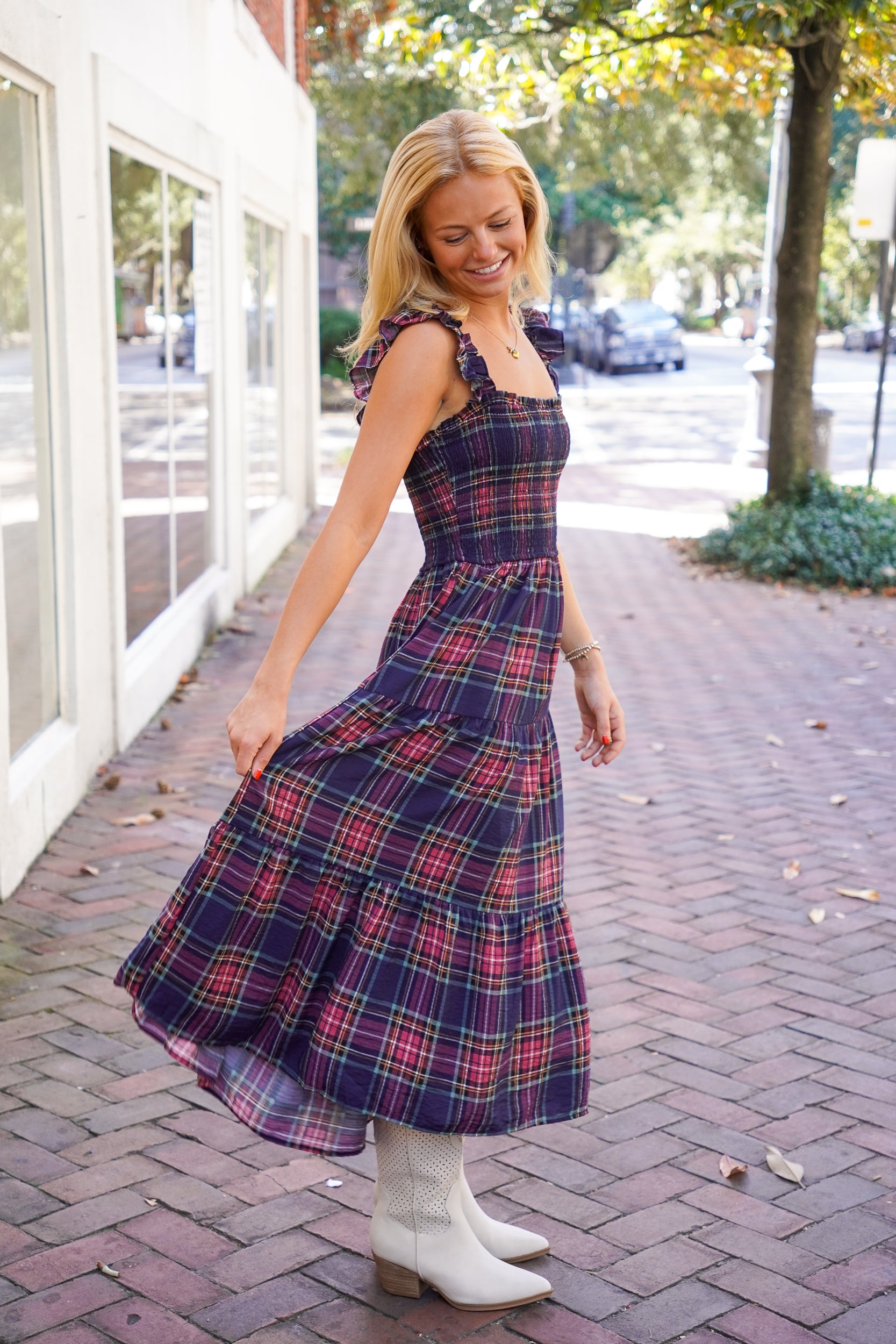plaid midi dress with smocking at bust