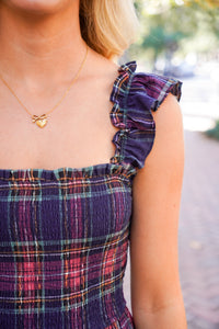 plaid midi dress with smocking at bust