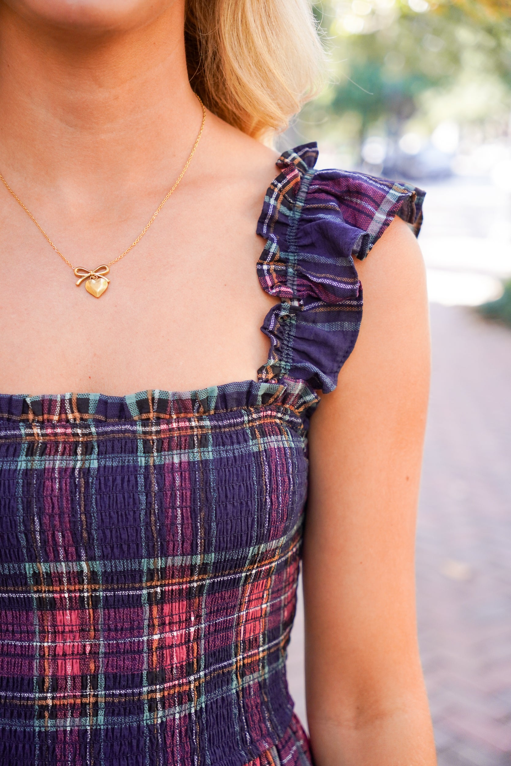 plaid midi dress with smocking at bust