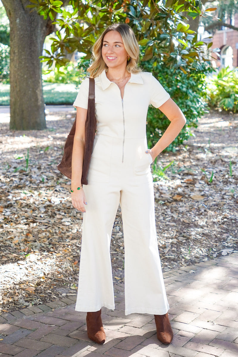 Cream denim jumpsuit 