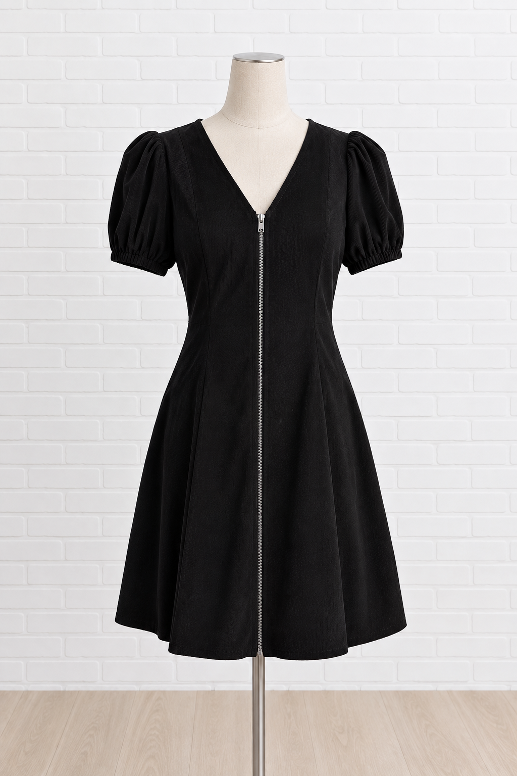 A black short-sleeve V-neck dress with puff sleeves and a front zipper
