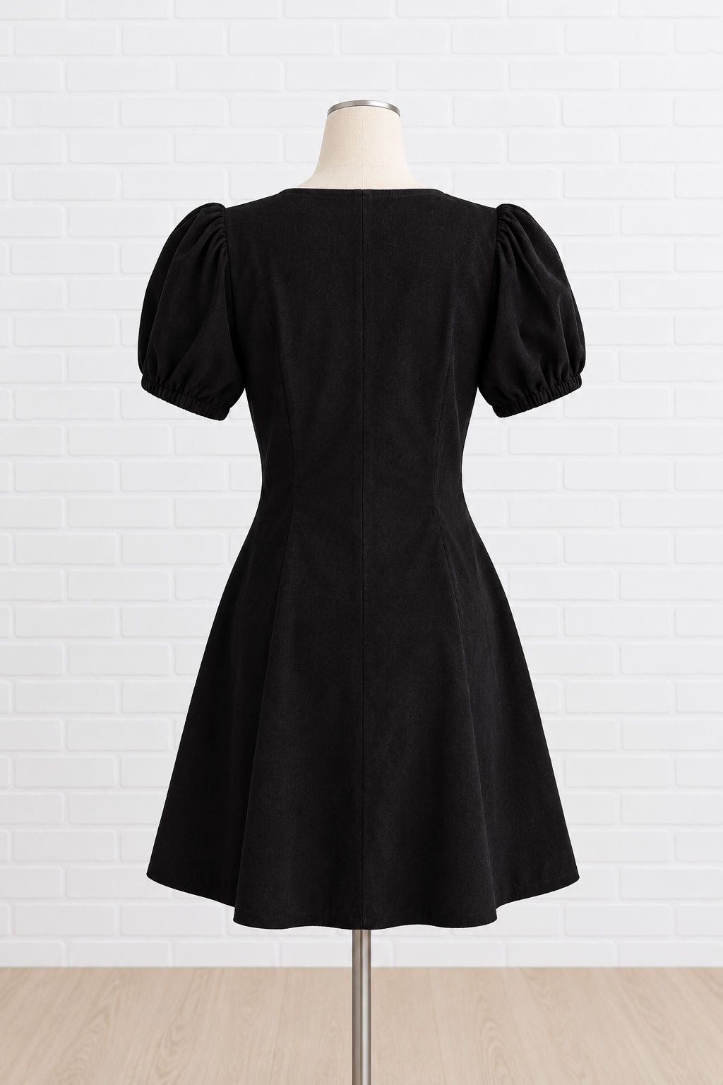 A black short puff-sleeve dress displayed on a mannequin 