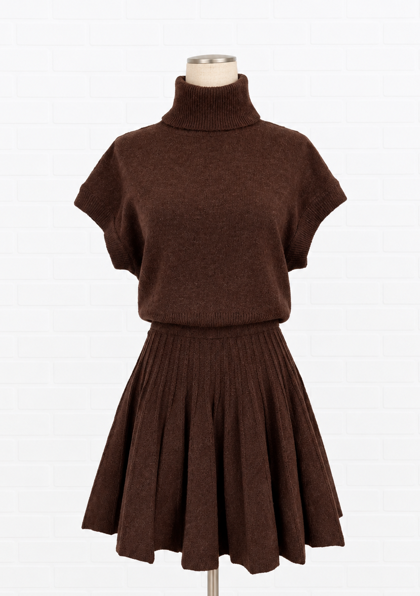 A dark brown knit turtleneck sweater and matching pleated skirt set