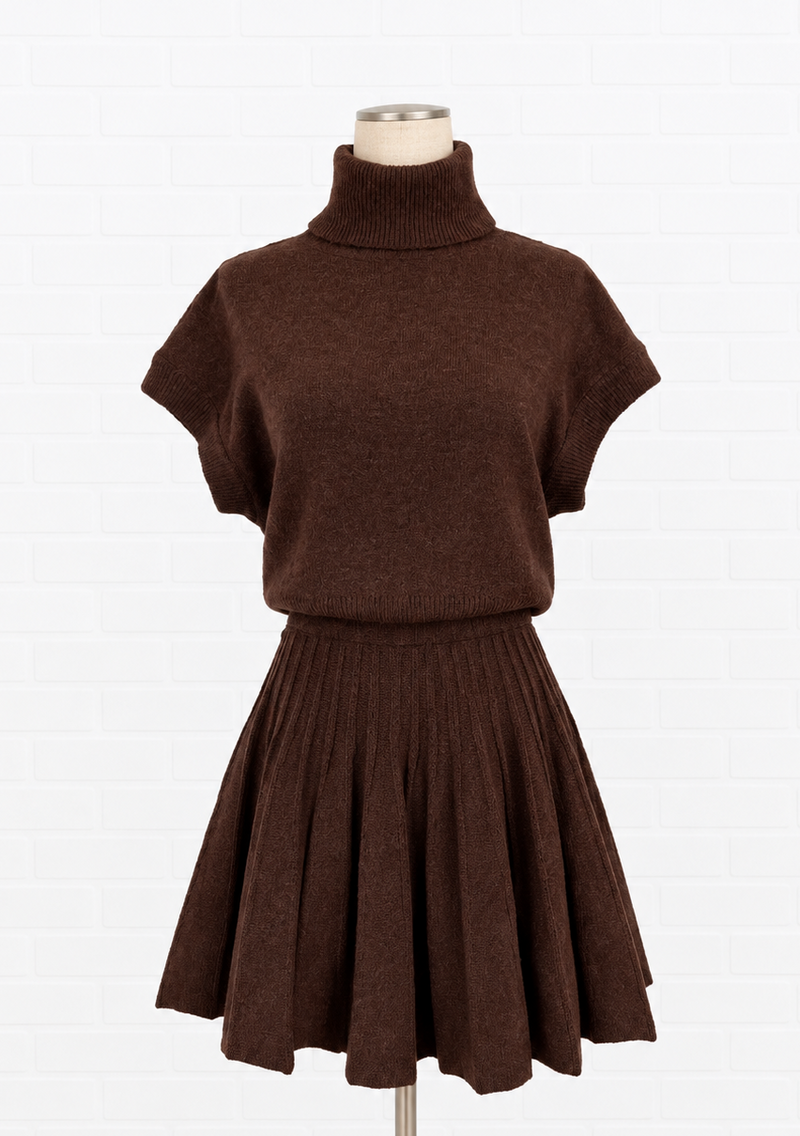 A dark brown knit turtleneck sweater and matching pleated skirt set