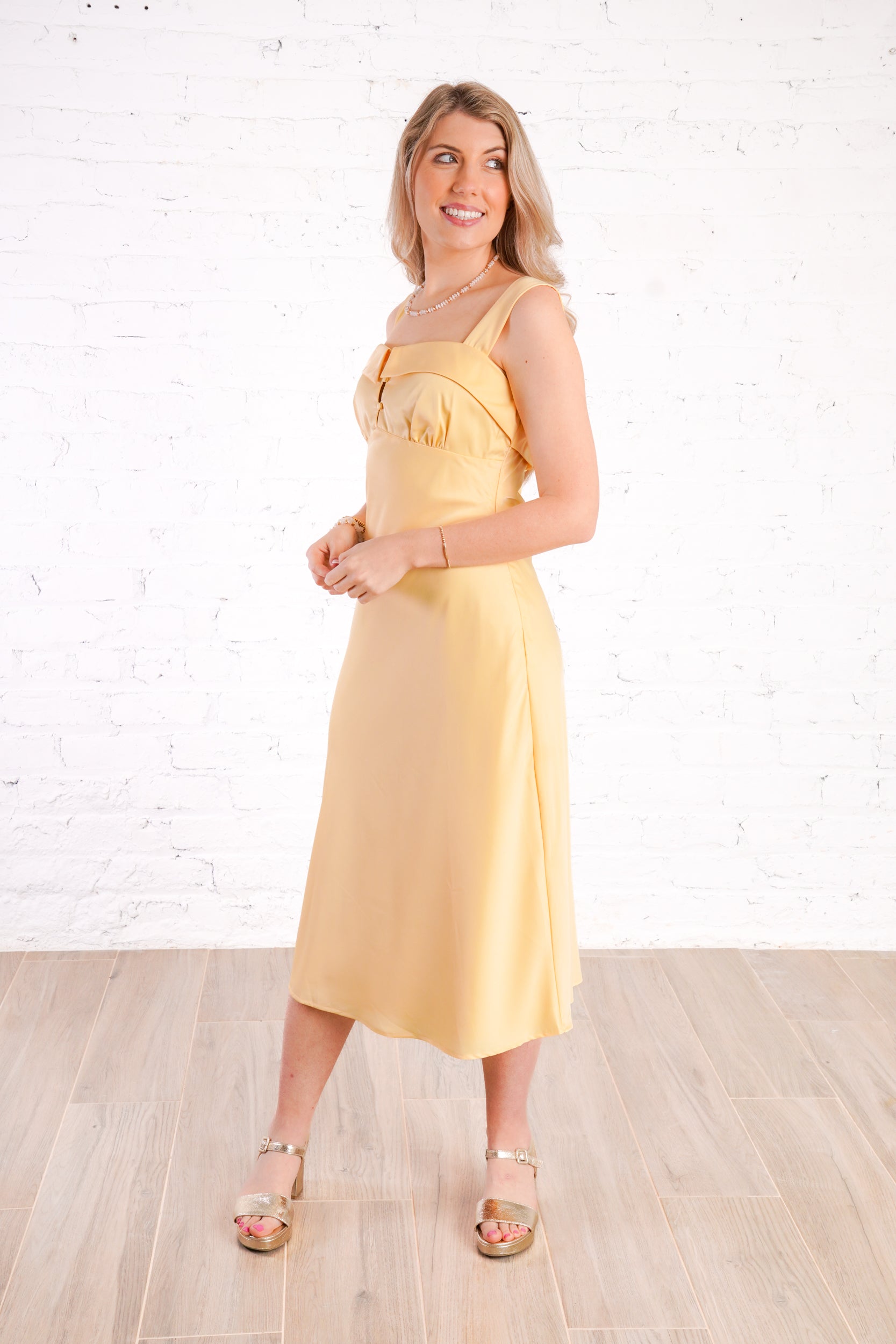 Satin yellow midi dress with front buttons
