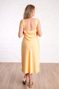 Satin yellow midi dress with front buttons