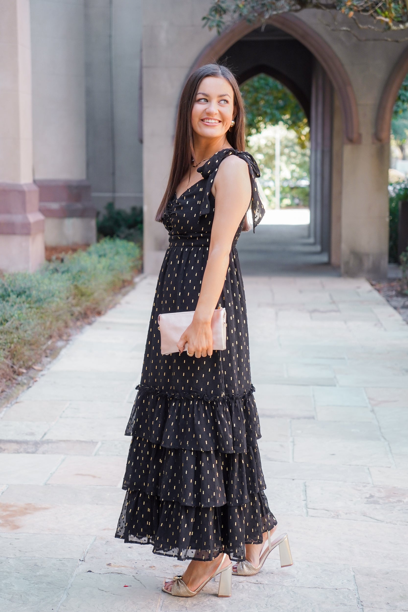 slim fit dress slacks Black Chiffon Gown with Gold Chain Belt – Vintage Couture