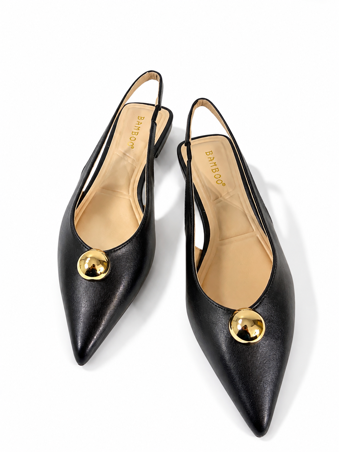 A pair of black pointed-toe slingback flats with gold-tone round studs on the toe, shown on a clean white background. The insoles display the brand name 'PANDORA'.
