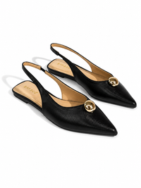 A pair of black pointed-toe slingback flats with gold-tone circular hardware on the vamp, shown on a clean white background.