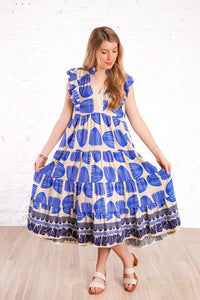 blue and tan patterned midi dress 