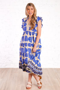 blue and tan patterned midi dress 