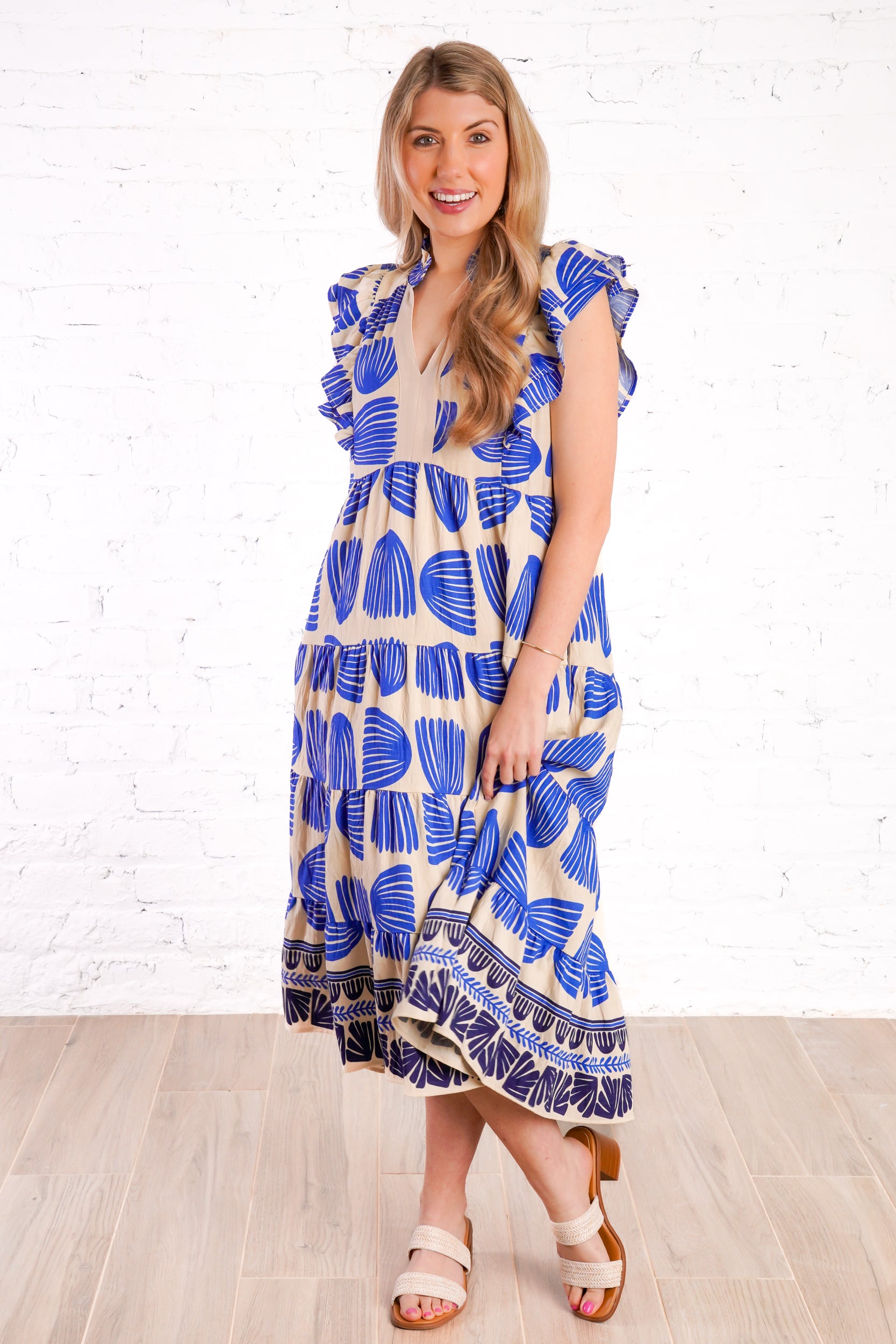 blue and tan patterned midi dress 