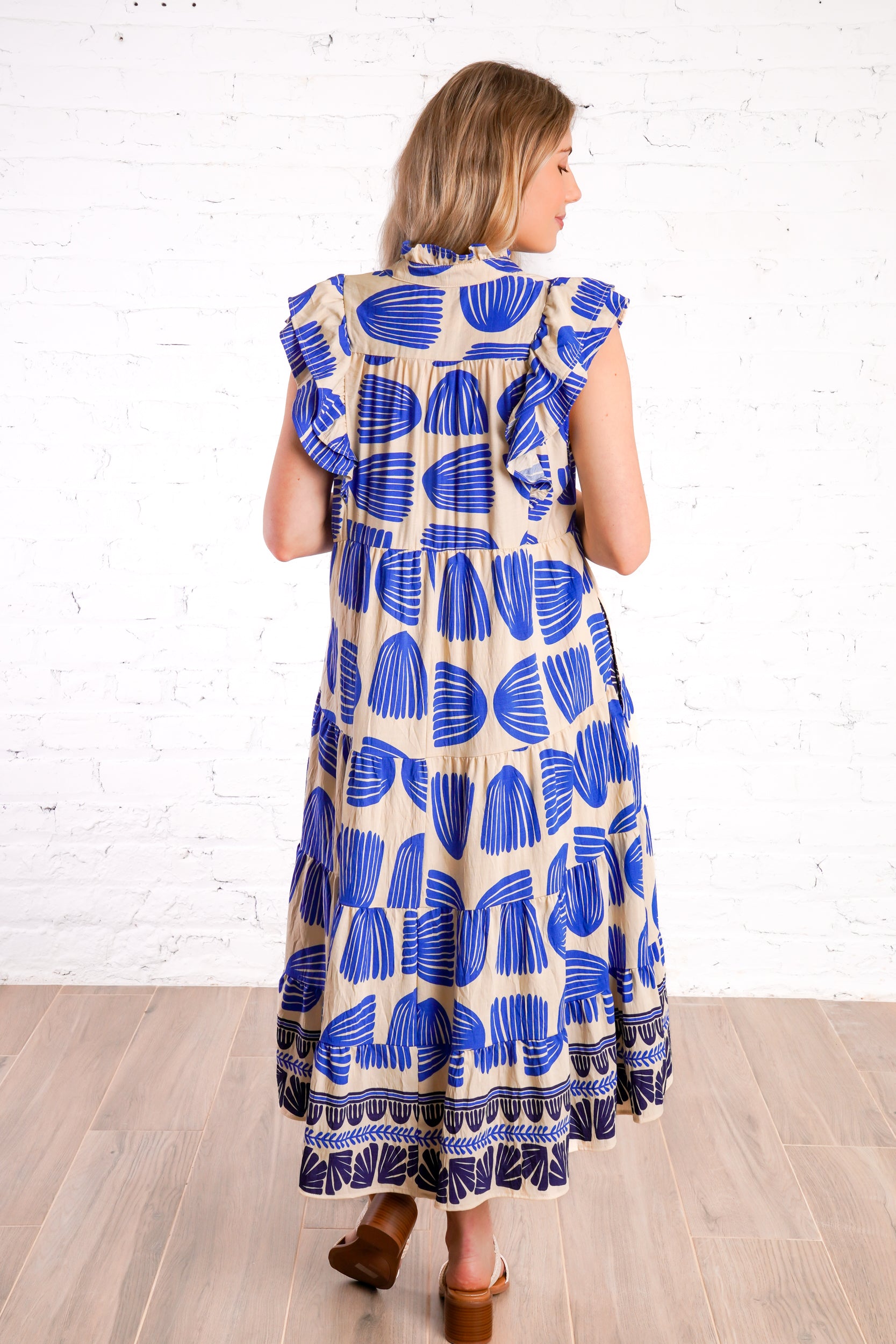 blue and tan patterned midi dress 