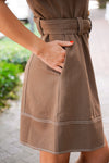 brown button belted dress