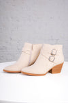 beige ankle boots with wooden soles with two buckles 