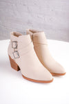 beige ankle boots with wooden soles with two buckles 