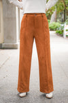 Camel colored vegan suede straight leg pants with pintuck detail, belt loops, side pockets