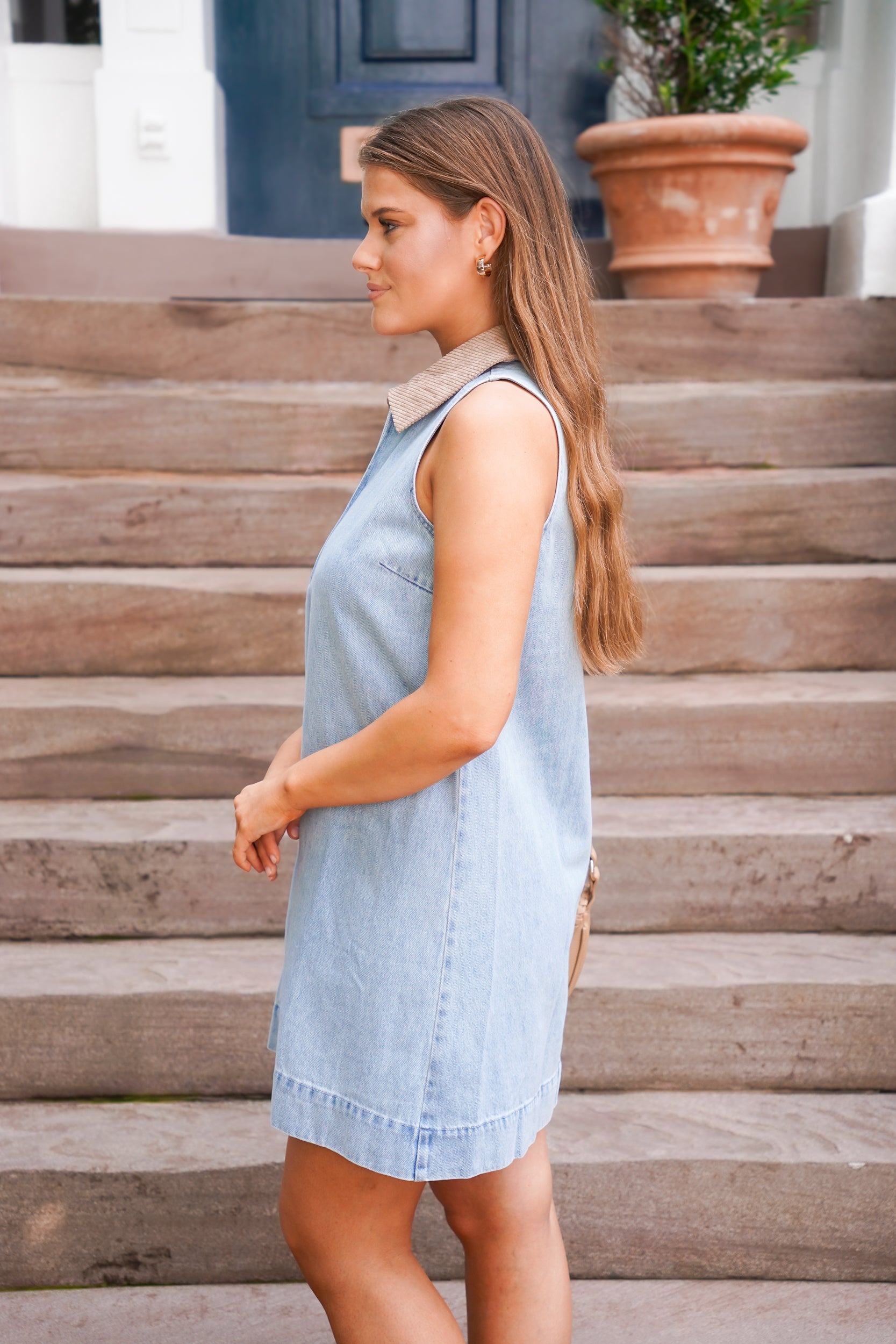 Washed Denim Half Zip Dress With Contrast Corduroy Collar