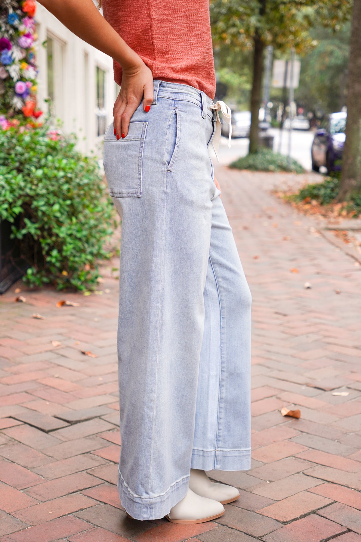 light wash denim drawstring pants 