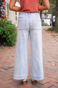 light wash denim drawstring pants 