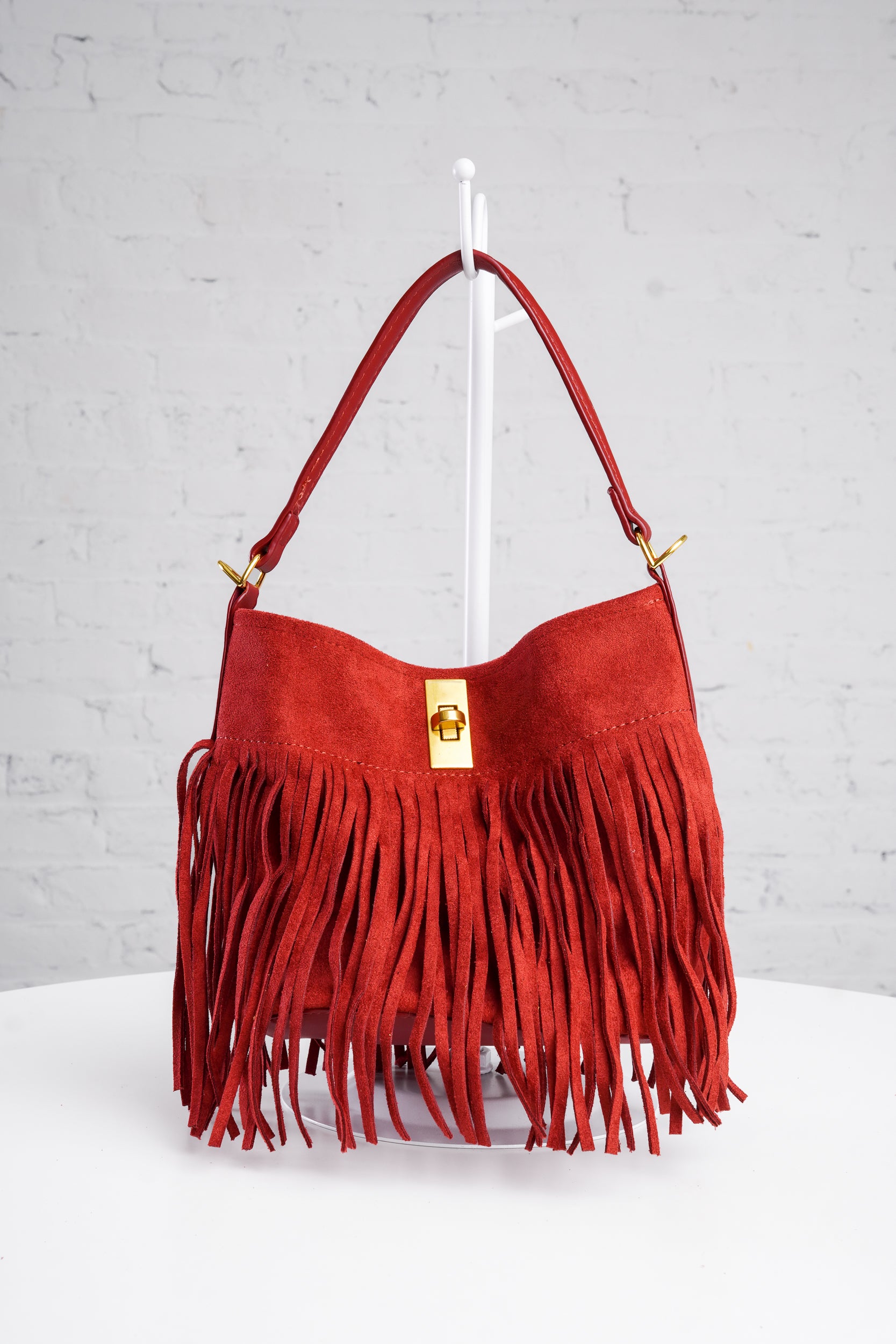 Fringe Bucket Bag in Red