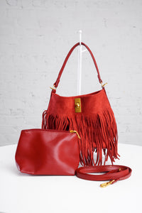 Fringe Bucket Bag in Red