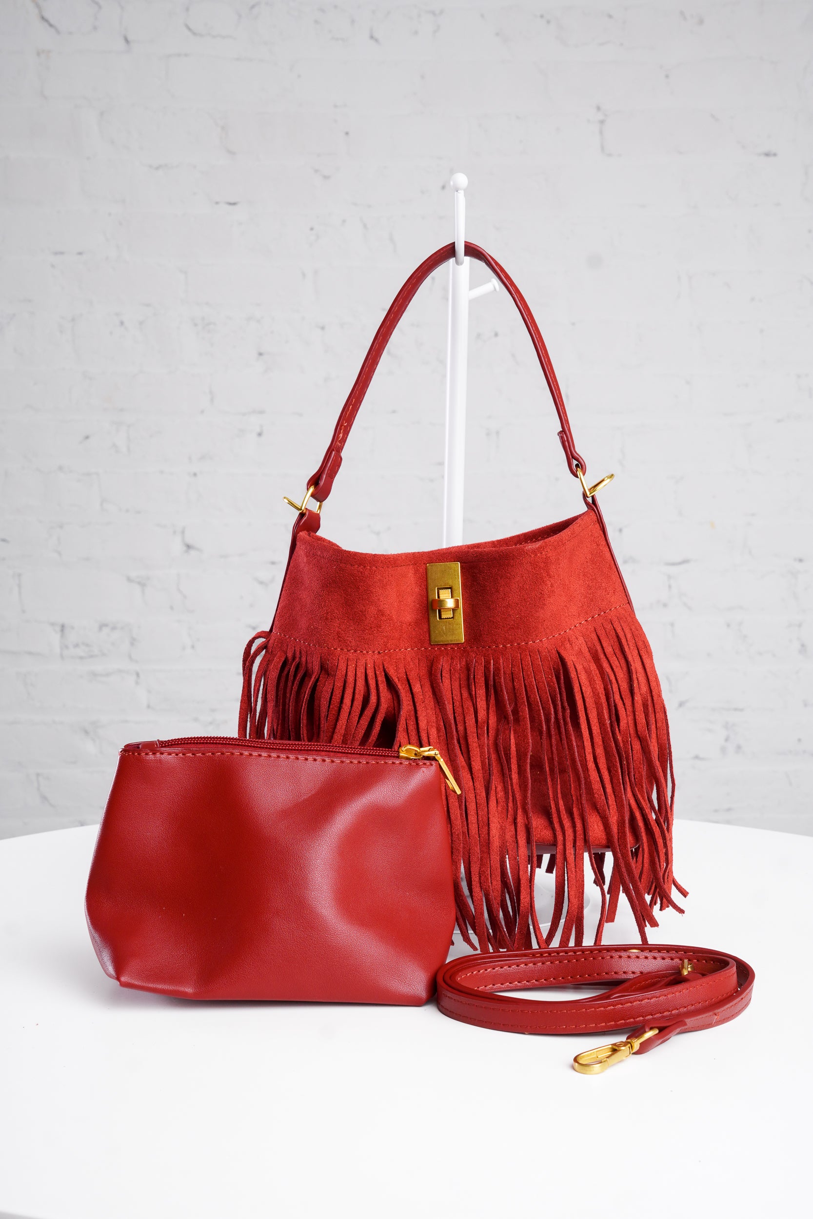 Fringe Bucket Bag in Red