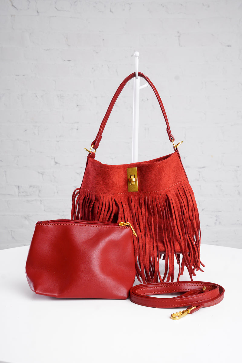Fringe Bucket Bag in Red