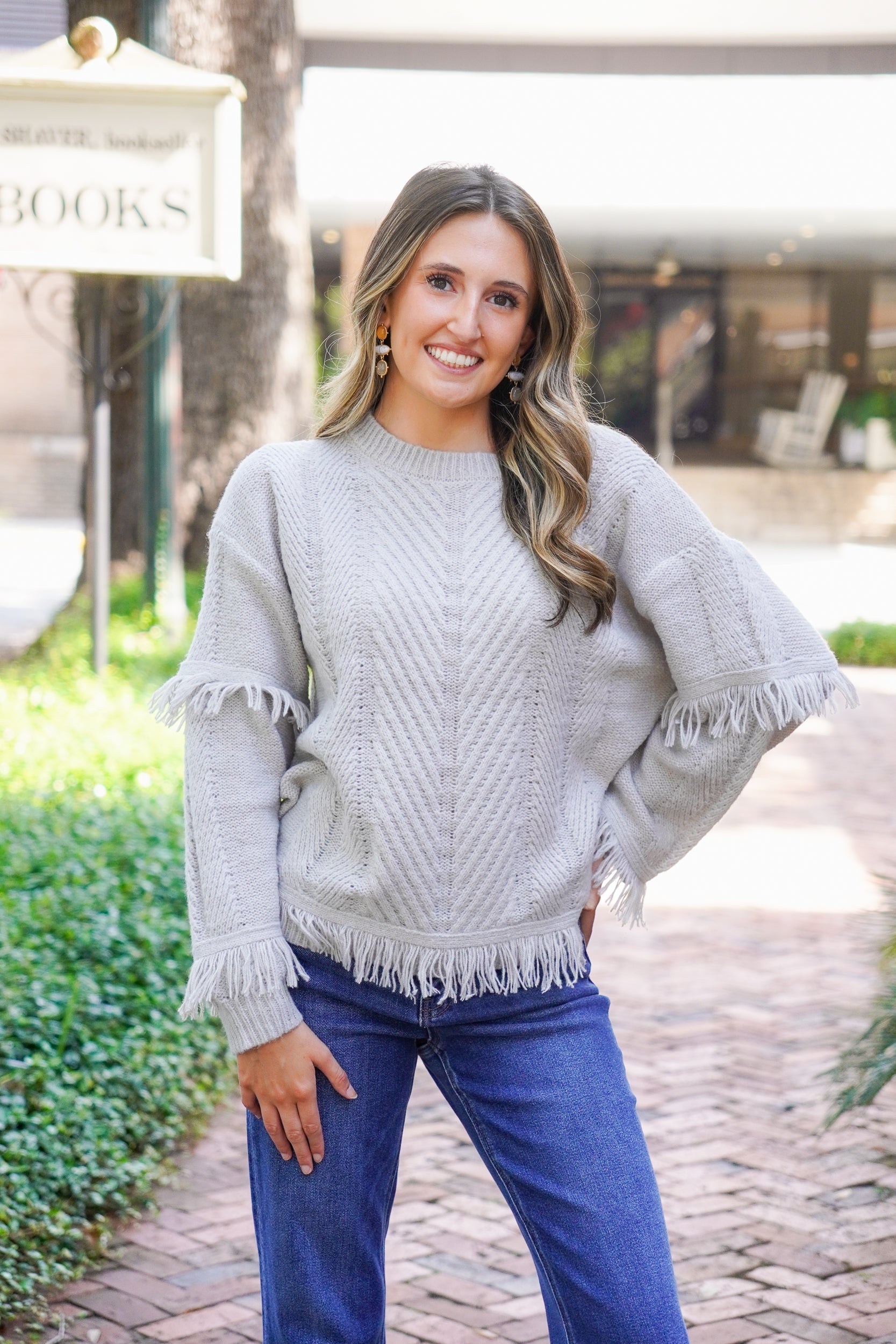 grey fringe sweater 