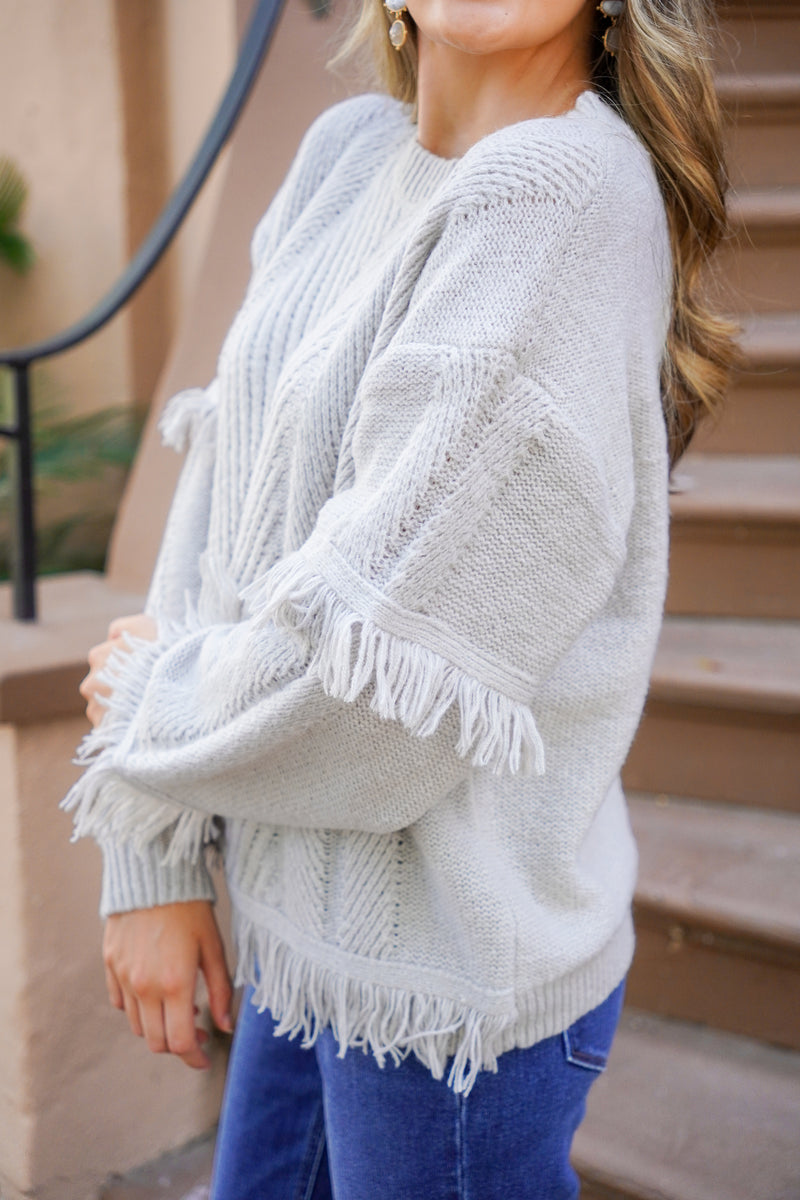 grey fringe sweater 
