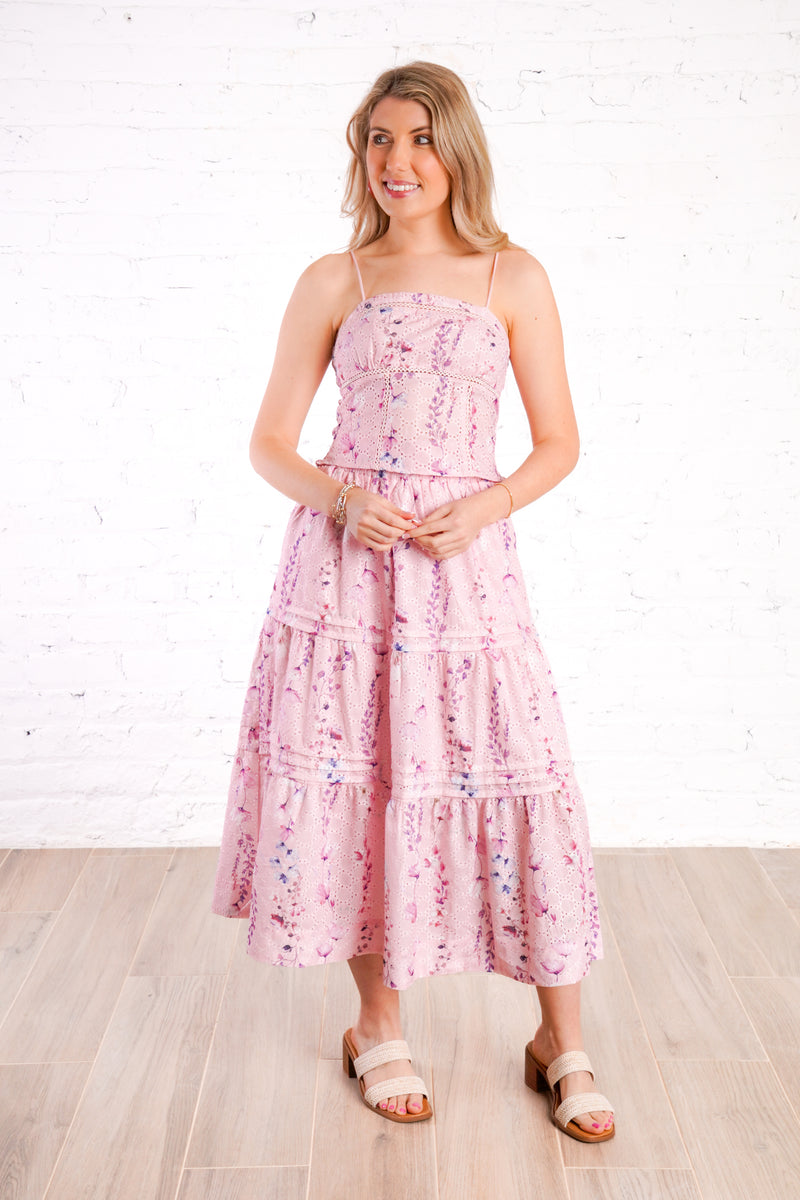 pink floral skirt set with eyelet and floral details 