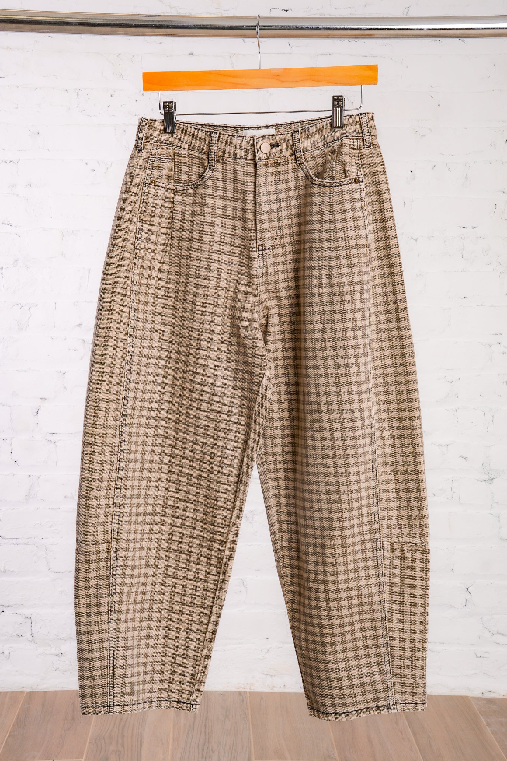 checkered barrel denim