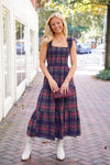 plaid midi dress with smocking at bust 