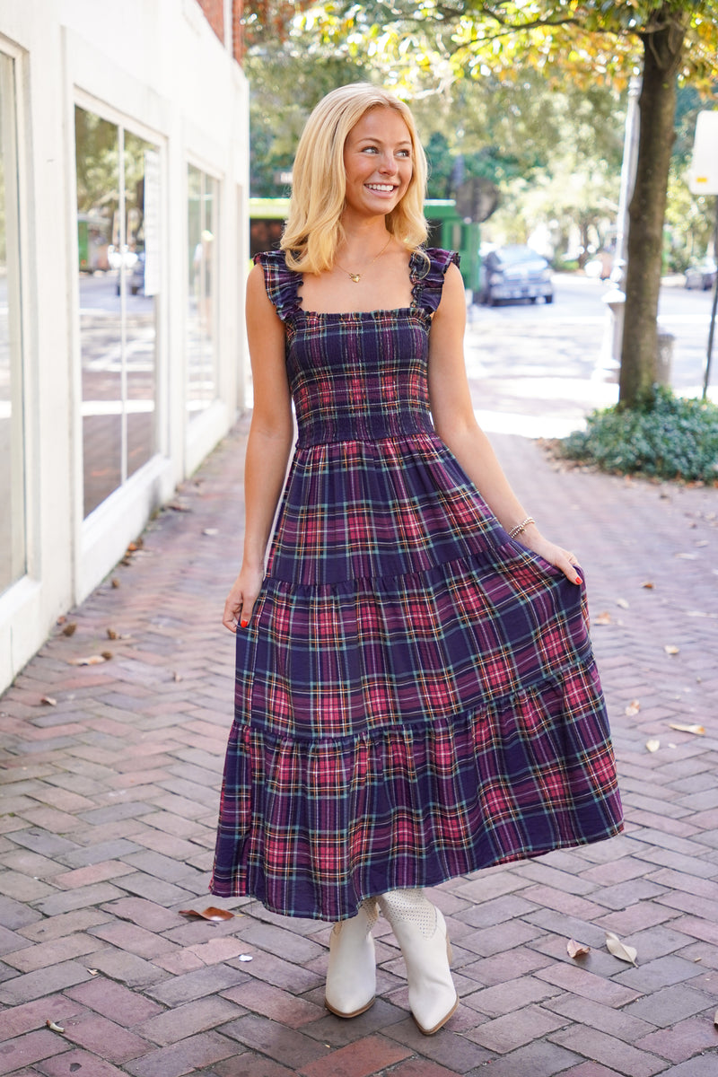 plaid midi dress with smocking at bust 