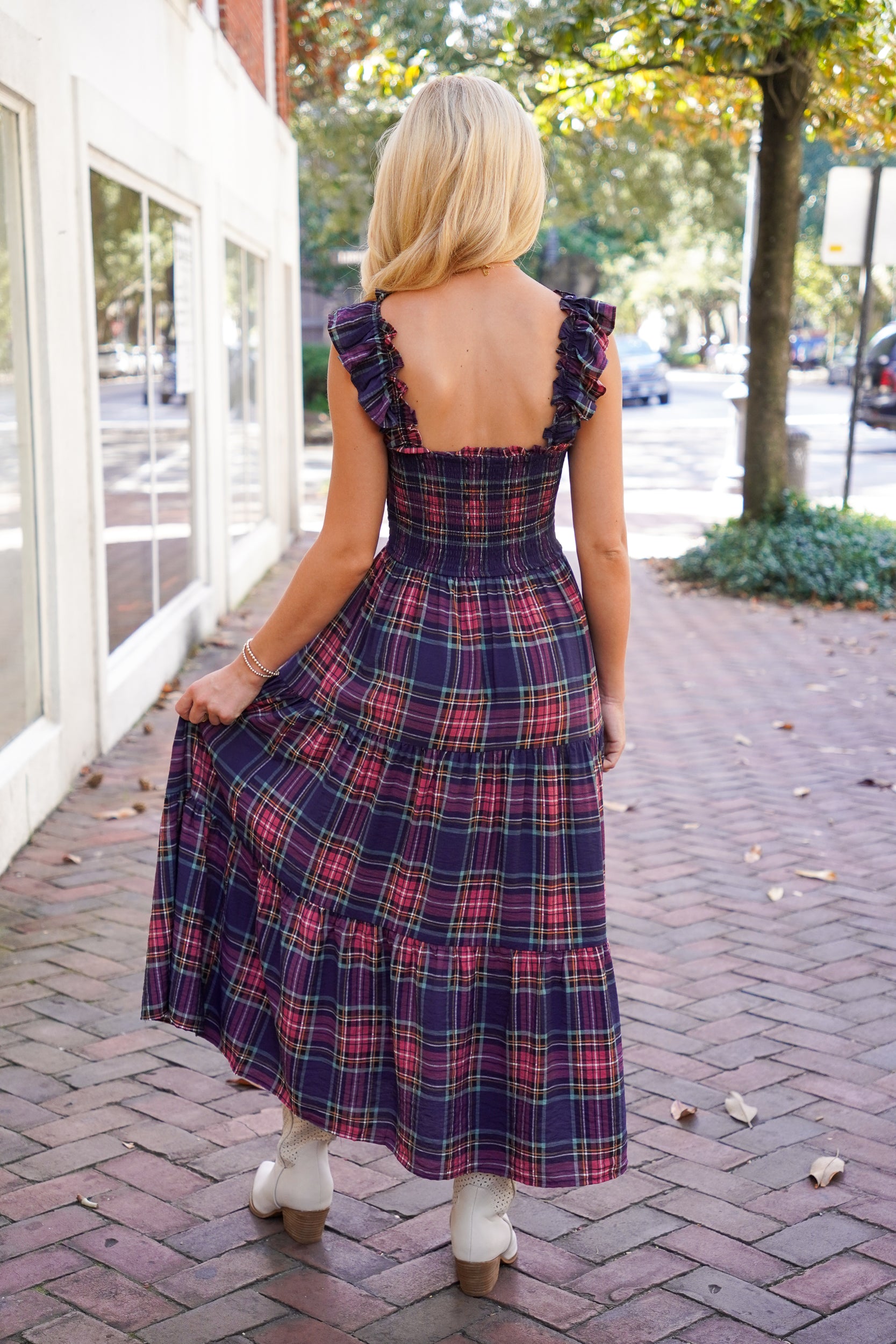 Tiered Plaid Midi Dress – Red Clover