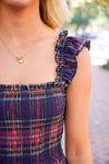 plaid midi dress with smocking at bust 