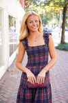 plaid midi dress with smocking at bust 