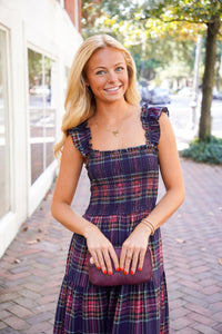 plaid midi dress with smocking at bust 