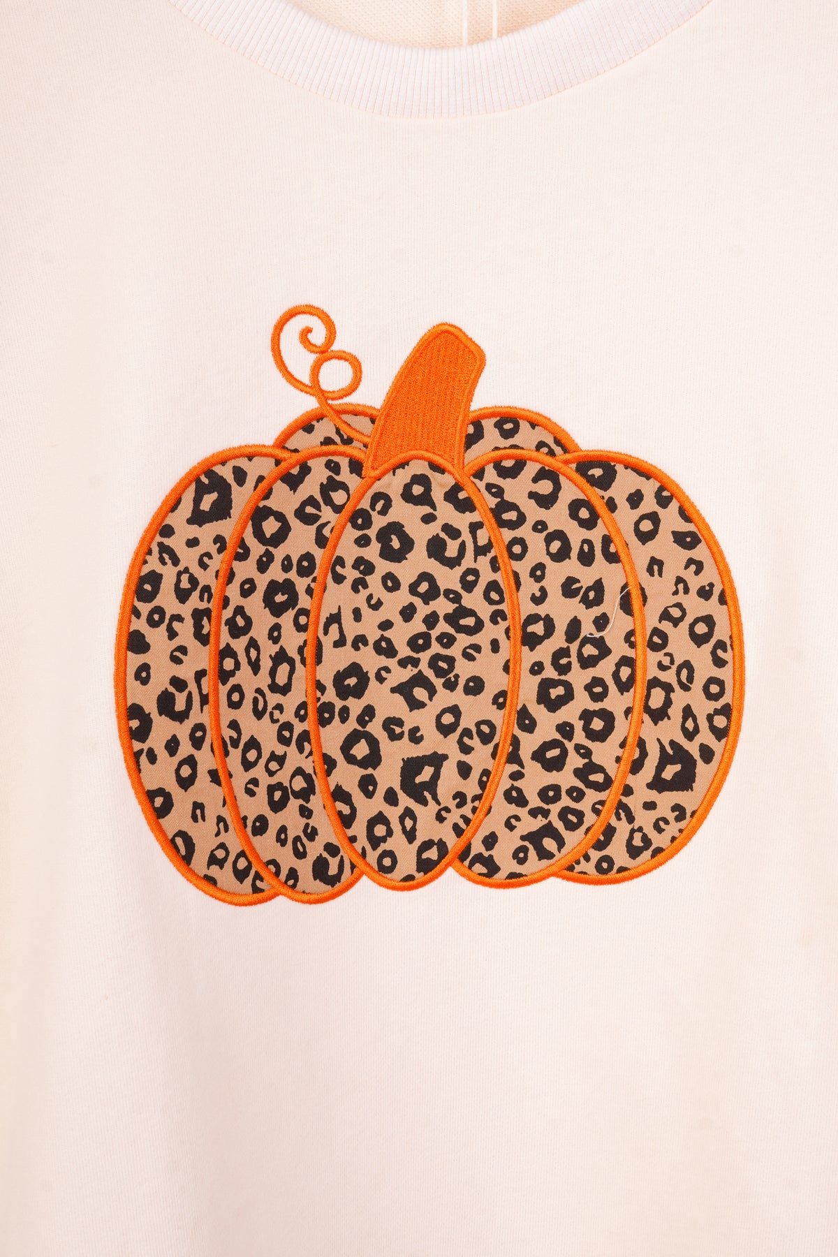 A cream-colored crewneck sweatshirt with a leopard-print pumpkin graphic on the front