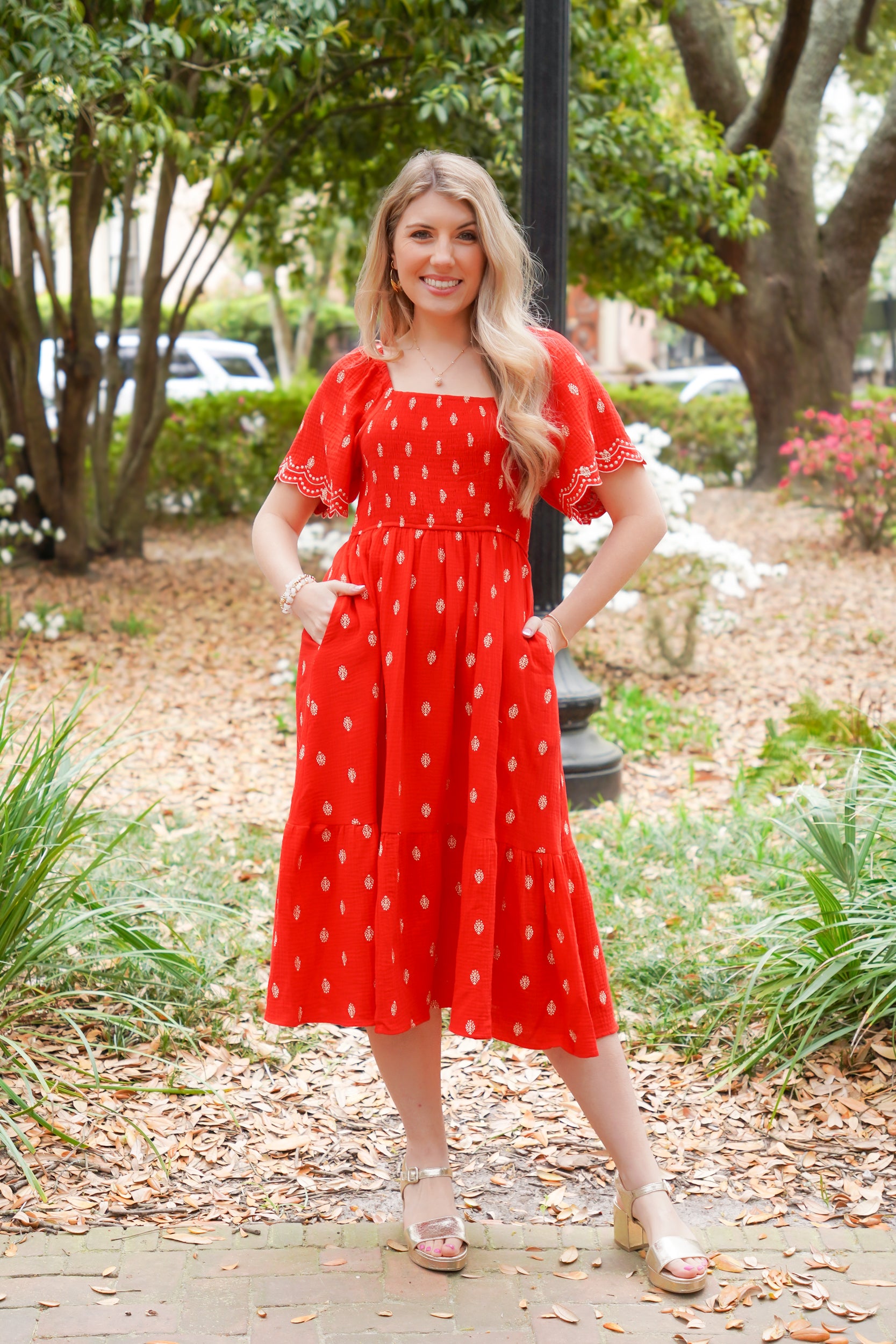 midi dress with gold polka dots embroidered