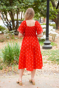 midi dress with gold polka dots embroidered