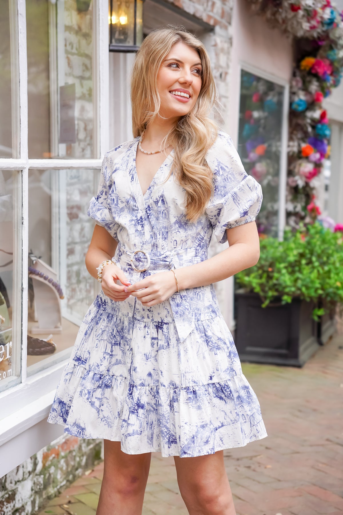 blue and white floral dress