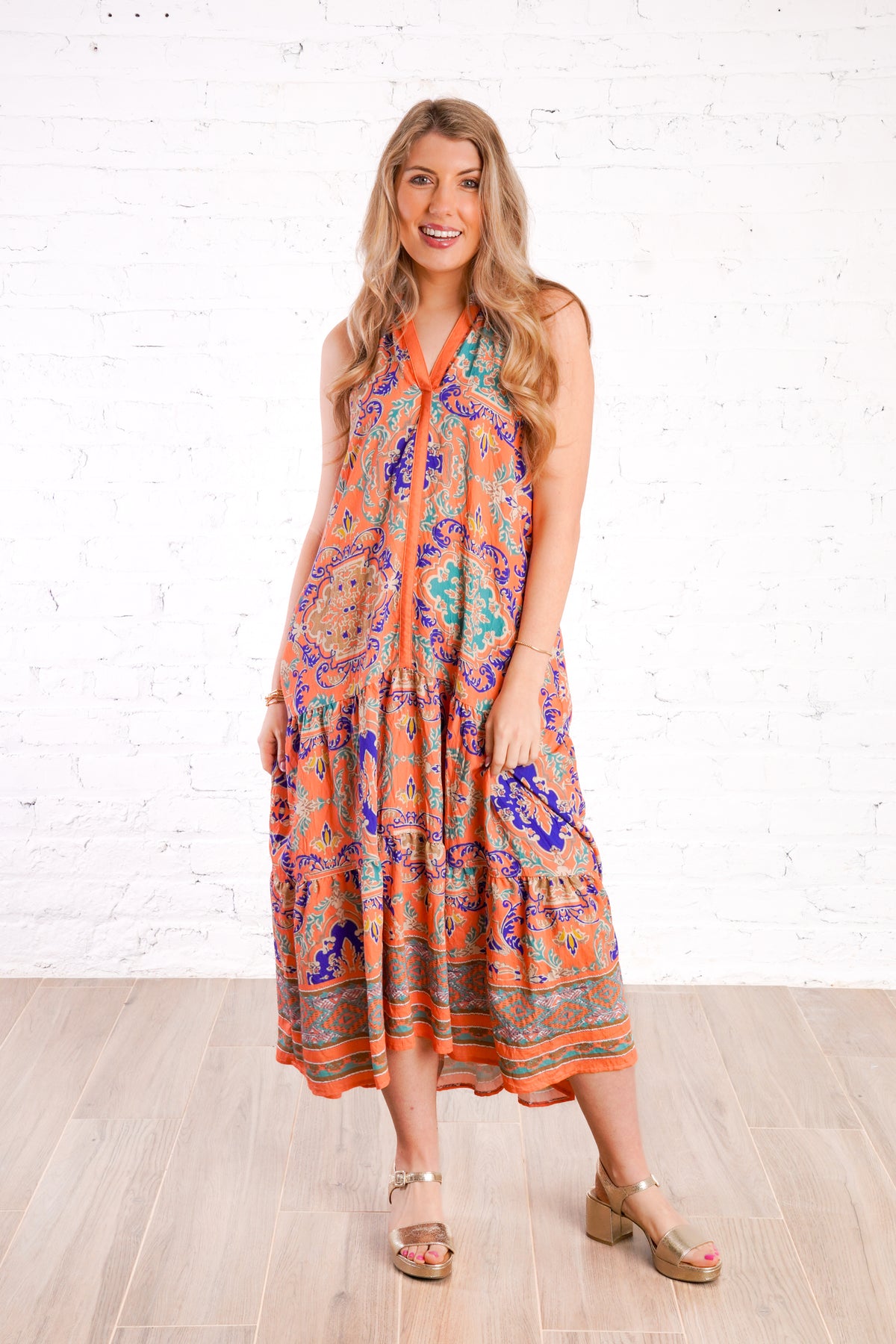 colorful patterned midi dress